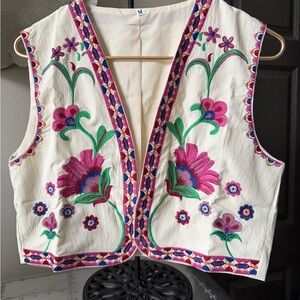 Vibrant Floral Embroidered Vest - Pink and Green